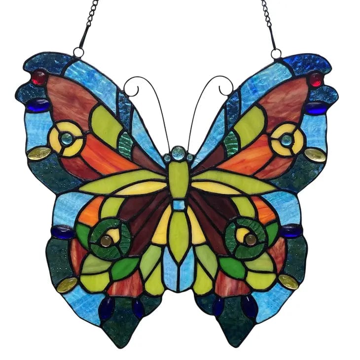 Faire: River of Goods Stained Glass Panels Colorful Blue or Colorful Butterfly Tiffany Style Stained Glass Window Hanging 12.5"