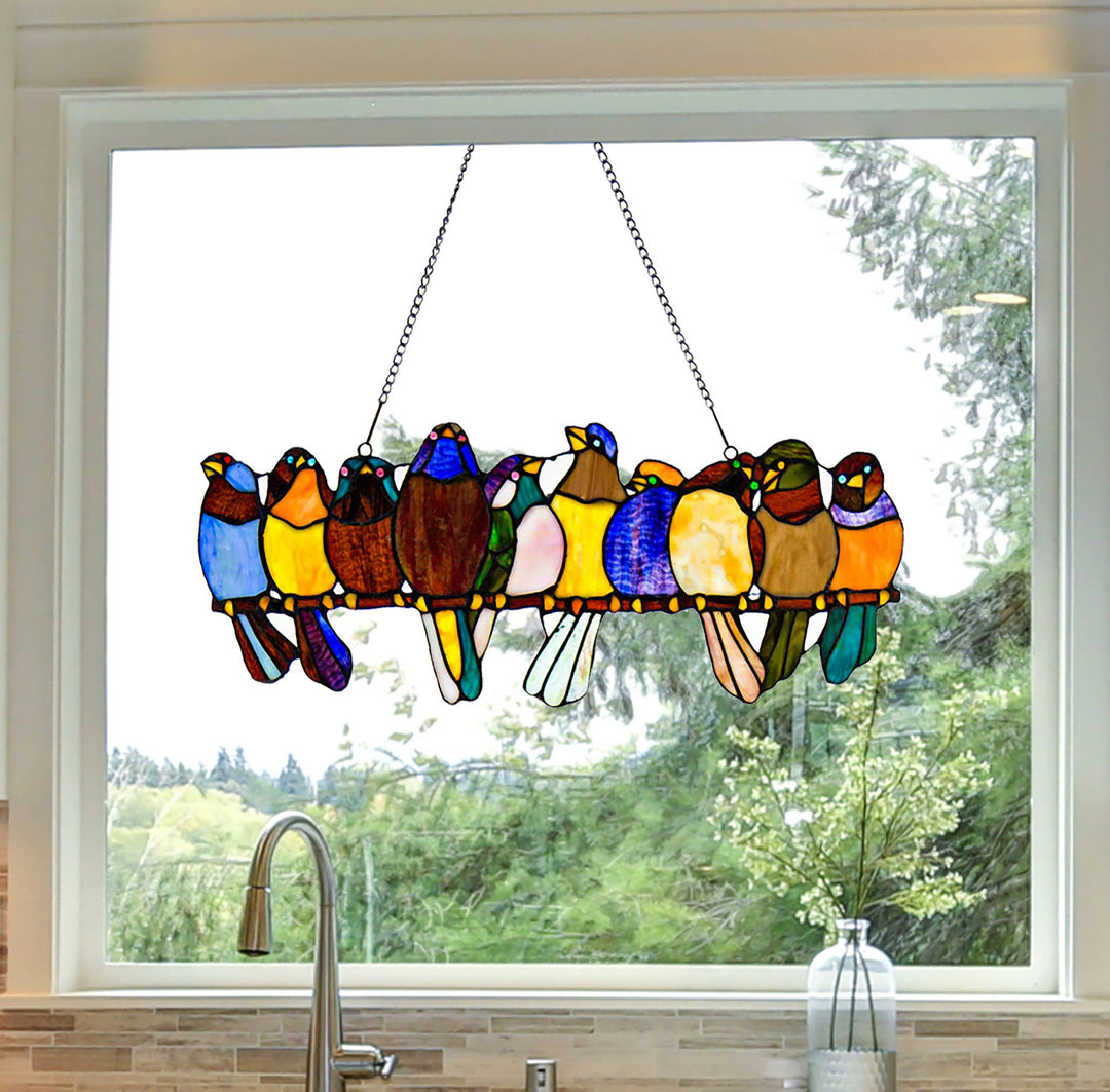 Faire: River of Goods Stained Glass Panels Multicolor Birds Stained Glass Window Panel
