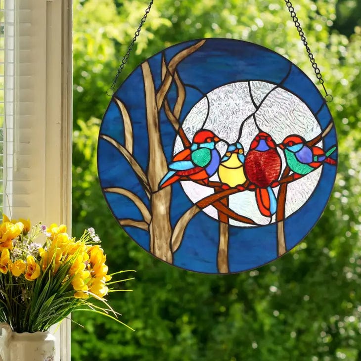 faire-river of goods Stained Glass Panels NEW Blue Birds in a Night Sky Stained Glass Window Panel