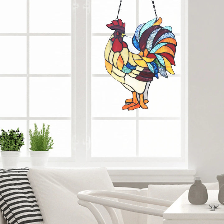 faire-river of goods Stained Glass Panels Rooster Tiffany Style Colorful Chicken Stained Glass Lamp or Hanging Panel
