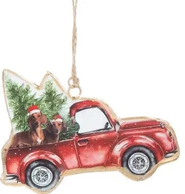 Faire: Silver Tree Home & Holiday Holiday Ornaments Two Dachshunds Doxie's in Pick-up Truck with Tree - Metal Ornaments