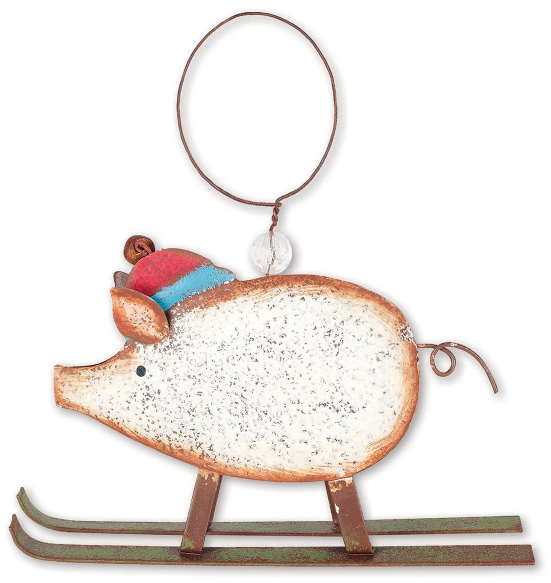 Faire: Sunset Vista Designs Holiday Ornaments Rustic Skiing Pig Ornament Metal Art