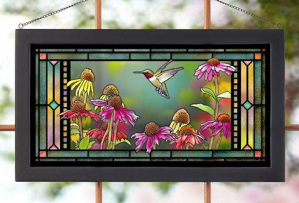 Faire-wild wings RUBY HUMMINGBIRD FRAMED 13"X23" STAINED COLORED GLASS  -Artist:  BOURDET