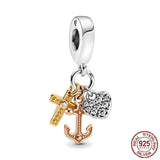 Cross, Anchor, Heart Tri-Color Charm Pandora Style Sterling Silver Christian Bracelet