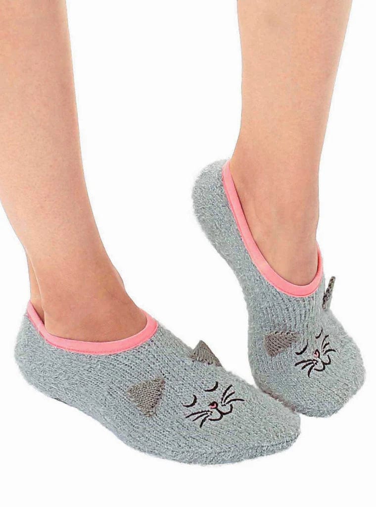 Grey Kitty Cat Fuzzy Footie Slipper Socks With Grips
