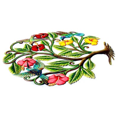 GCDS-Croix des Bouquets Metal Wall Art HUMMINGBIRDS AND HIBISCUS FLOWERS PAINTED HAITIAN METAL DRUM WALL ART, 24"