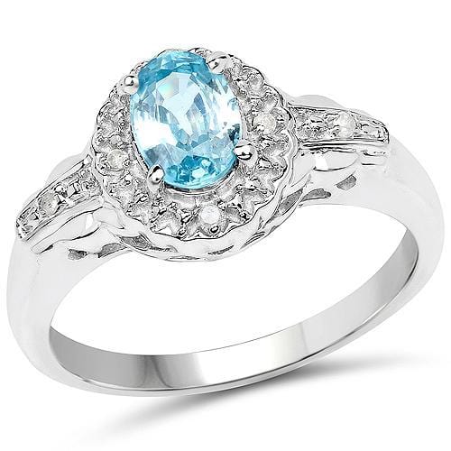 Genuine 1.48ct Blue Zircon and White Diamond Sterling Silver Ring