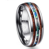 Hawaiian Koa Wood and Abalone Shell Ring with Tungsten Carbide for Men, Comfort Fit Sizes 5-14