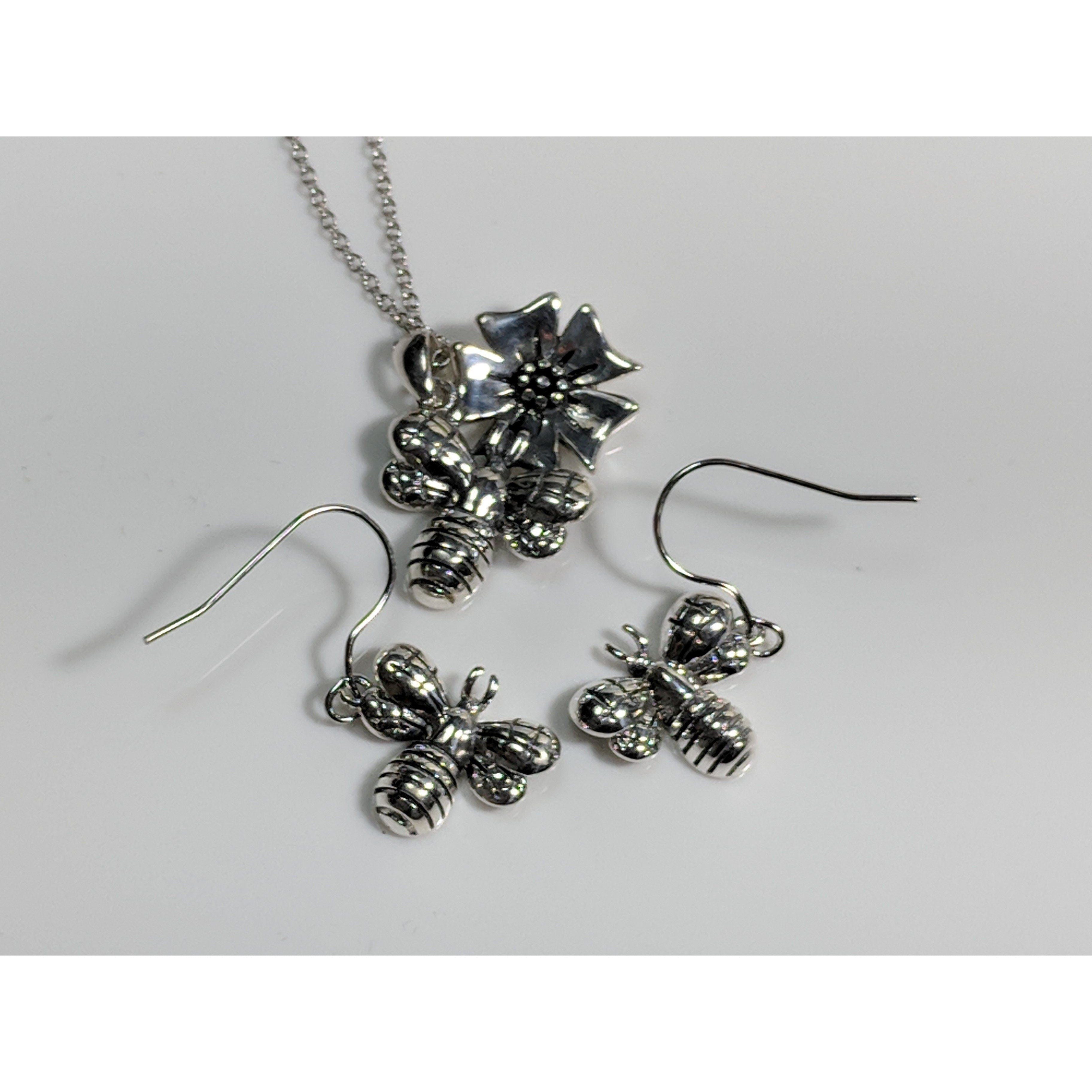 Honey Bee Necklace and Earrings SET-Cutest Little Bees! Sterling Silver - The Pink Pigs, A Compassionate Boutique