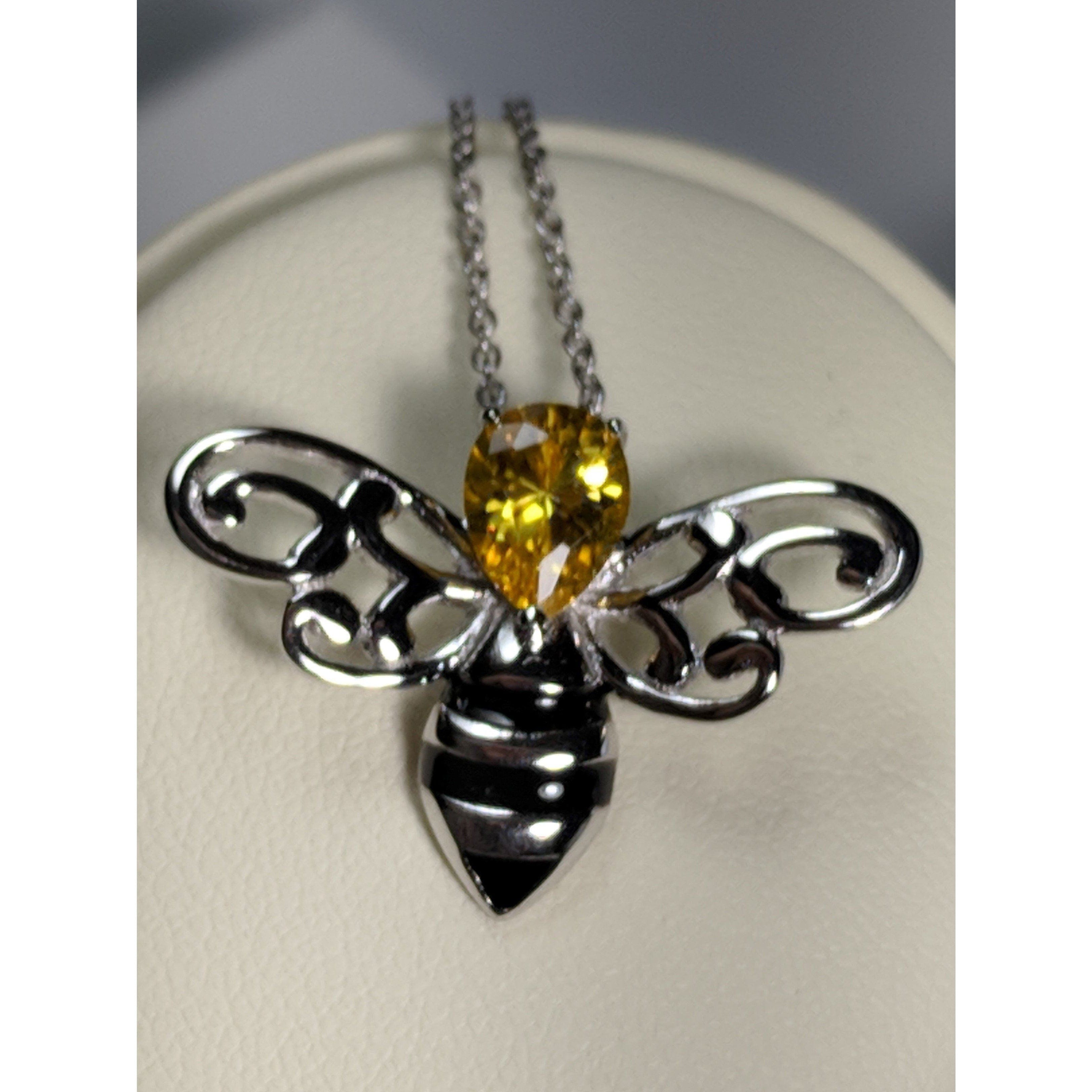 Honey Bee Pendant with Sparkling Yellow CZ Head in 925 Silver - The Pink Pigs, A Compassionate Boutique