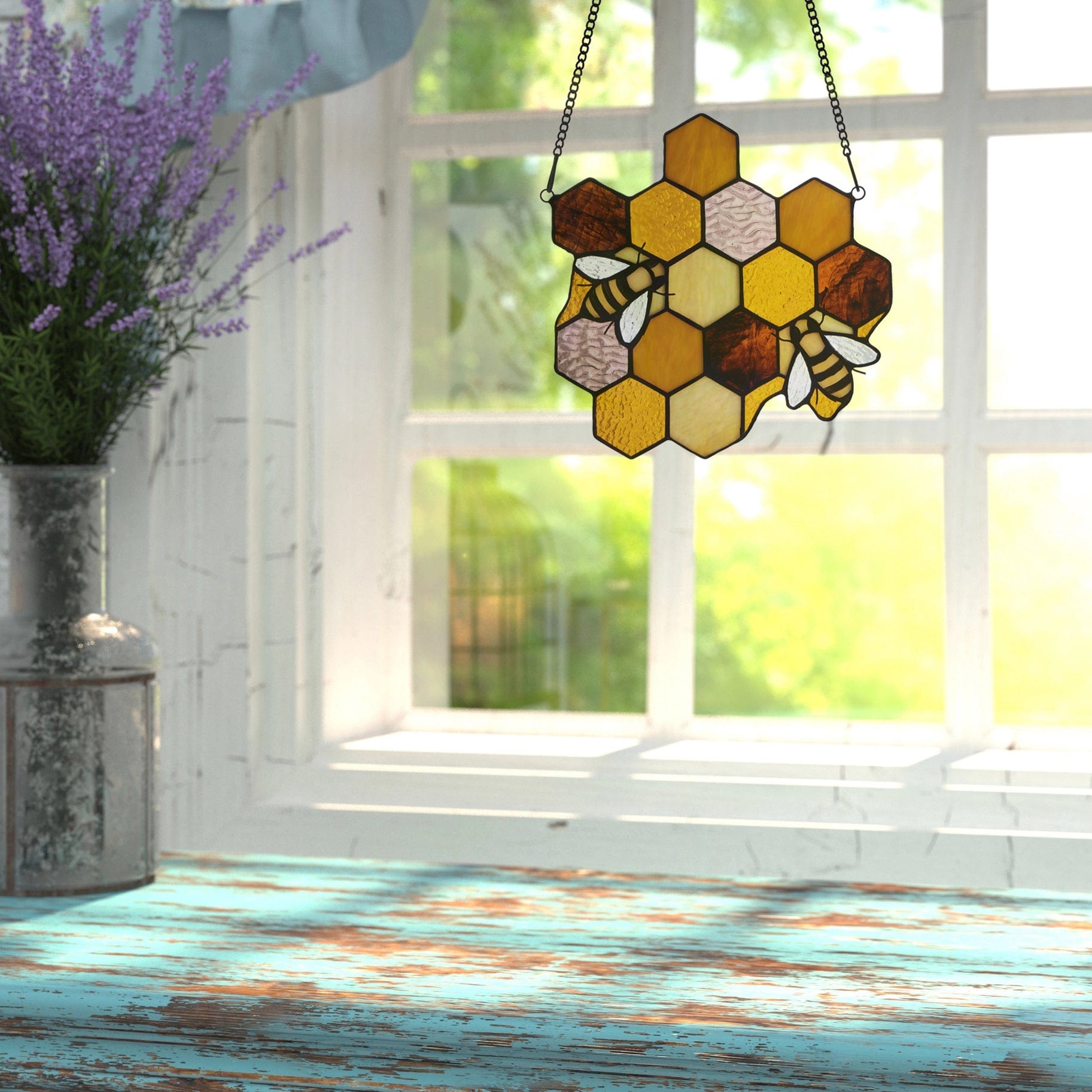 Honeycomb Bees Stained Glass Window Panel
