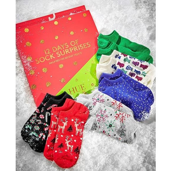 HUE 12 Days of Sock Surprises Holiday Christmas Sock Gift Set, 12 Pair of Cute, Festive Socks Women Girls - The Pink Pigs, Animal Lover's Boutique