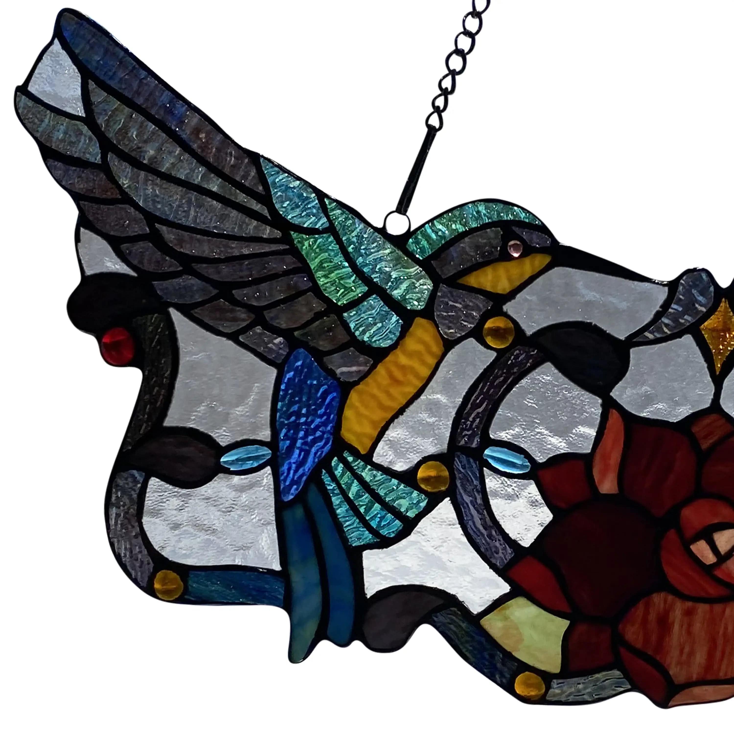 Hummingbird Floral REAL Stained Glass Window Panel