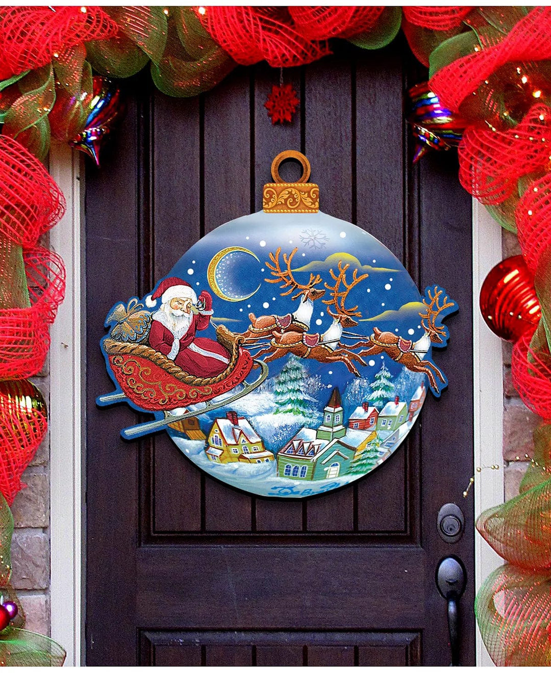 ITC MANUFACTURING PROMOTIONAL GROUP CHRISTMAS Santa Up and Away Sleigh Ball Christmas Door Hanger Over-the-door and Window Decor