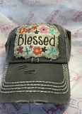 KBETHOS Hats Grey OUT OF STOCK Blessed Distressed Floral Hat*