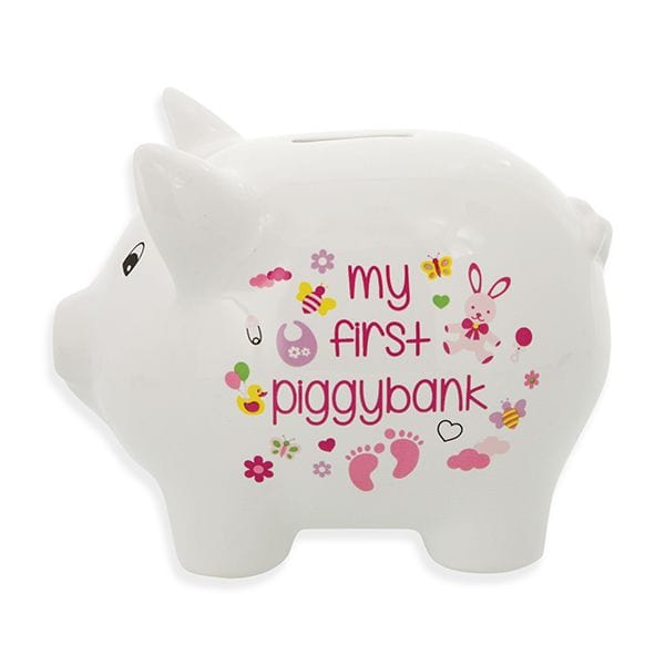 Kellis Gifts Baby Ceramic Piggy Bank for Boys and Girls 5" Pink or Blue and White *