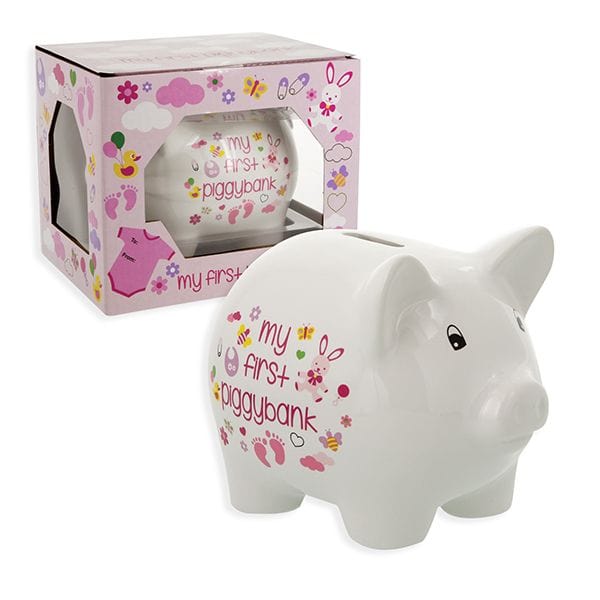 Kellis Gifts Baby Pink Ceramic Piggy Bank for Boys and Girls 5" Pink or Blue and White *