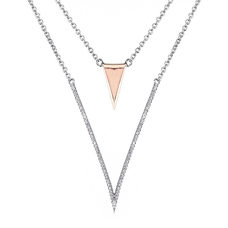Kenturay Fine Fashion Jewelry-Necklace Necklace / Two Tone Stunning High End Layered "V" Necklace and Earrings in Sterling Silver with 5A Cubic Zirconia