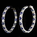 LA Fine Jewelry-Earrings Diamond and Blue Sapphire Hoop Earrings in 14K White Gold, Made in the USA