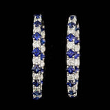 LA Fine Jewelry-Earrings Diamond and Blue Sapphire Hoop Earrings in 14K White Gold, Made in the USA