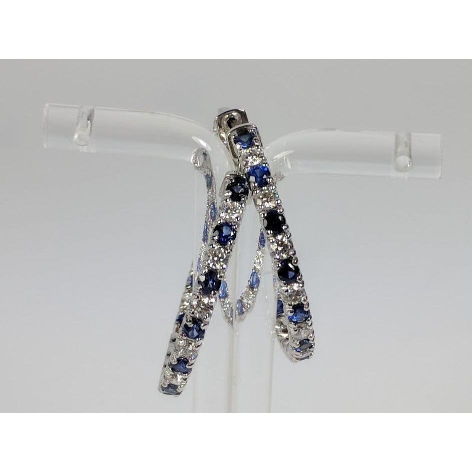 LA Fine Jewelry-Earrings Diamond and Blue Sapphire Hoop Earrings in 14K White Gold, Made in the USA