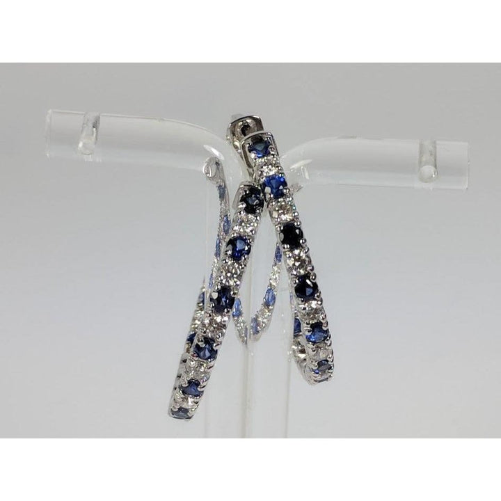 LA Fine Jewelry-Earrings Diamond and Blue Sapphire Hoop Earrings in 14K White Gold, Made in the USA