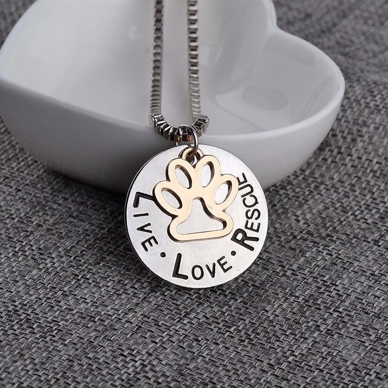 "LIVE LOVE RESCUE" Paw Print Silver Necklace Animal Jewelry - The Pink Pigs, A Compassionate Boutique
