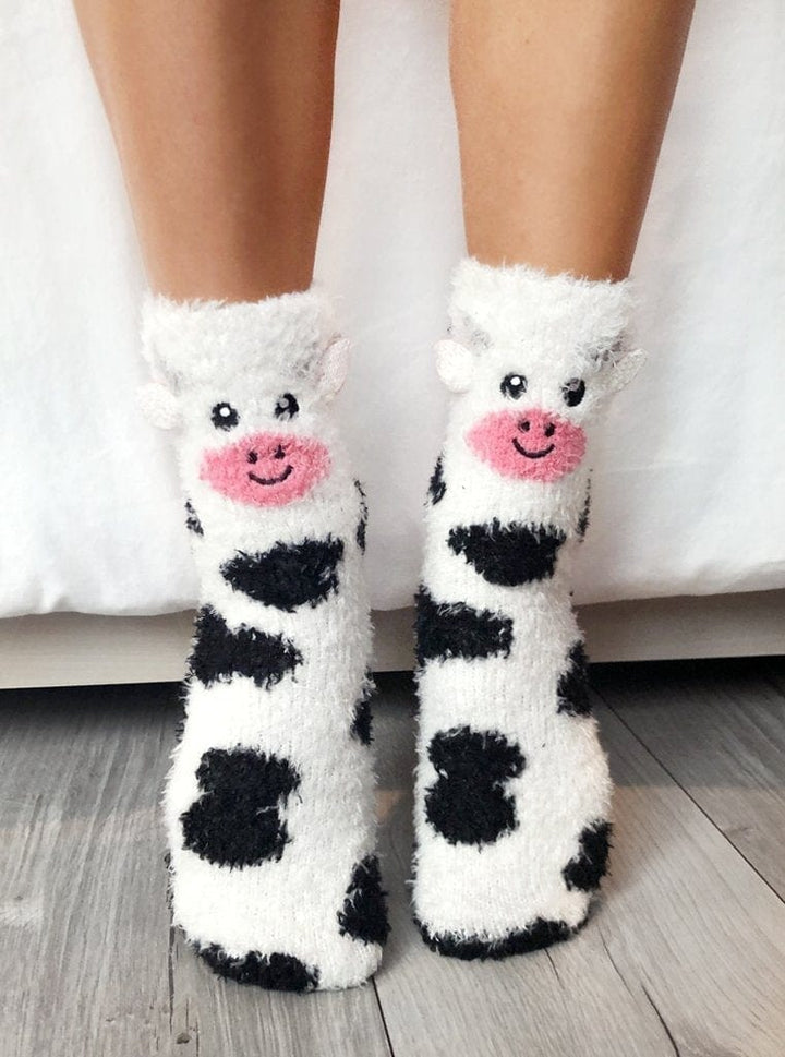 Living Royal Footwear Cow Crew Slipper Socks Soft and Fuzzy Women's