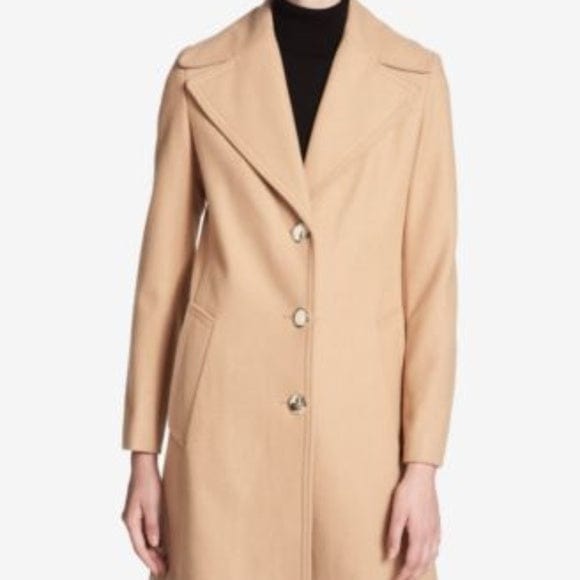 Calvin Klein Oversized-Collar Walker Coat Tan Large