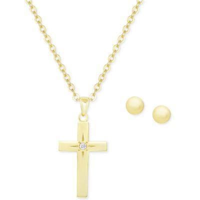 Macy's Jewelry SET-Fine Fashion 925 Silver Cross Girl's Sterling Silver Earring & Necklace Set