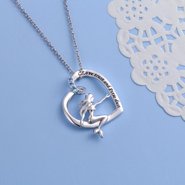 Mermaid in a Heart Necklace "Love, Trust and Pixie Dust" Sterling Silver with Blue CZ - The Pink Pigs, Animal Lover's Boutique