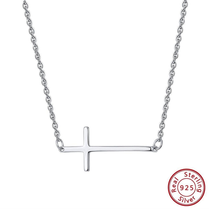 Monica-alibaba Fine Fashion Jewelry-Necklace Cross Sterling Silver Cross Necklace-Elegant Sideways Cross