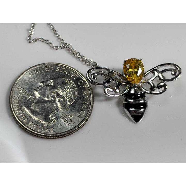 Monica Fashion Necklace Honey Bee Pendant with Sparkling Yellow CZ Head in 925 Silver