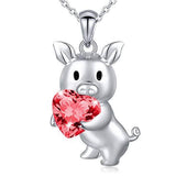 SALE!  Pig with Red CZ Heart Necklace, Sterling Silver
