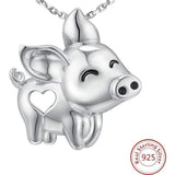 Pig Necklace with Cut Out Heart Rose, Yellow or White Gold Plated Sterling Silver
