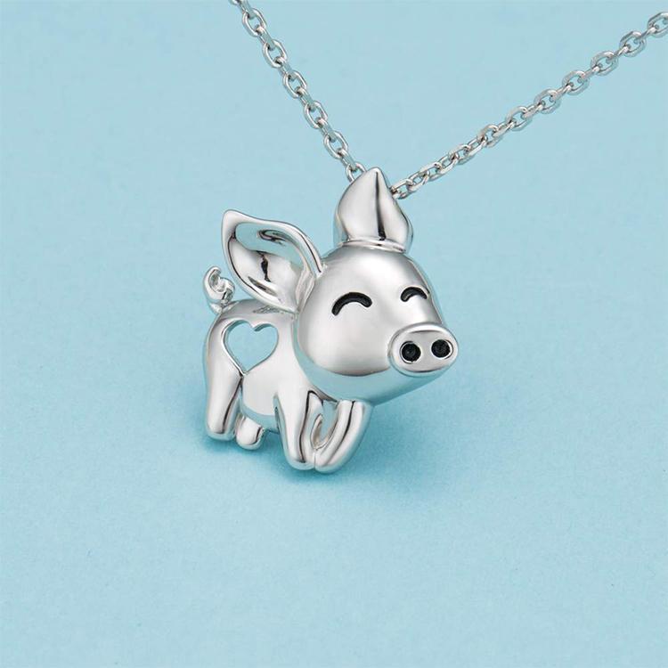 Pig Necklace with Cut Out Heart Rose, Yellow or White Gold Plated Sterling Silver - The Pink Pigs, A Compassionate Boutique