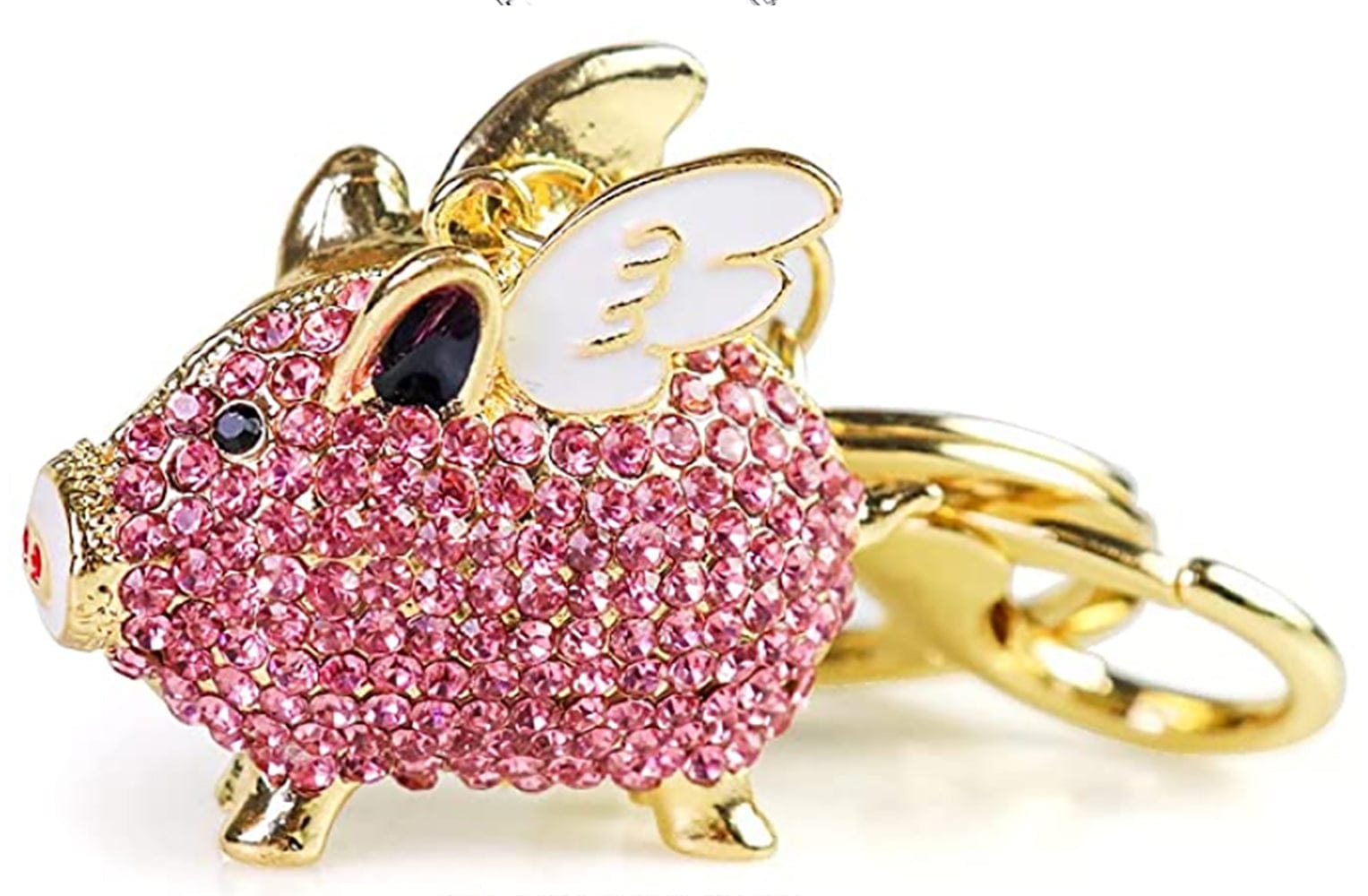Pink Flying Pig Sparkling Angelic Piggy Gold Finish Keychain