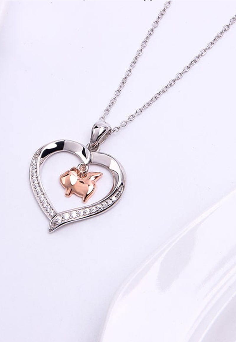 Flying Pig in a Heart with CZ Sterling Silver Necklace 18" Sliding Chain
