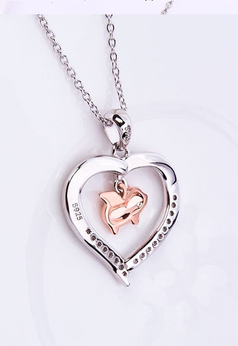 Flying Pig in a Heart with CZ Sterling Silver Necklace 18" Sliding Chain
