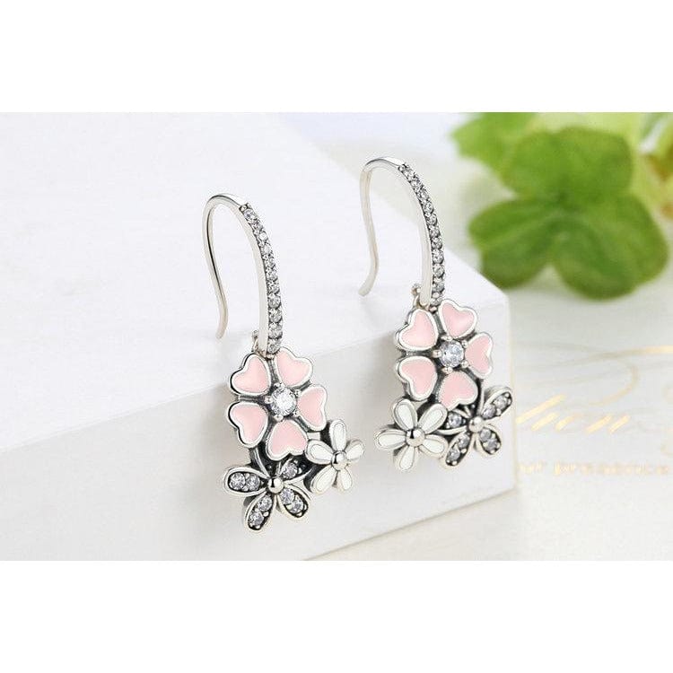 Pink Floral Jewelry Set-Cherry Blossoms and Daisy Jewelry in Sterling Silver-Pretty in Pink - The Pink Pigs, A Compassionate Boutique