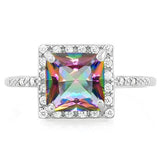 Princess Cut Mystic Topaz Ring with 24 Flawless Created Diamonds in Sterling Silver