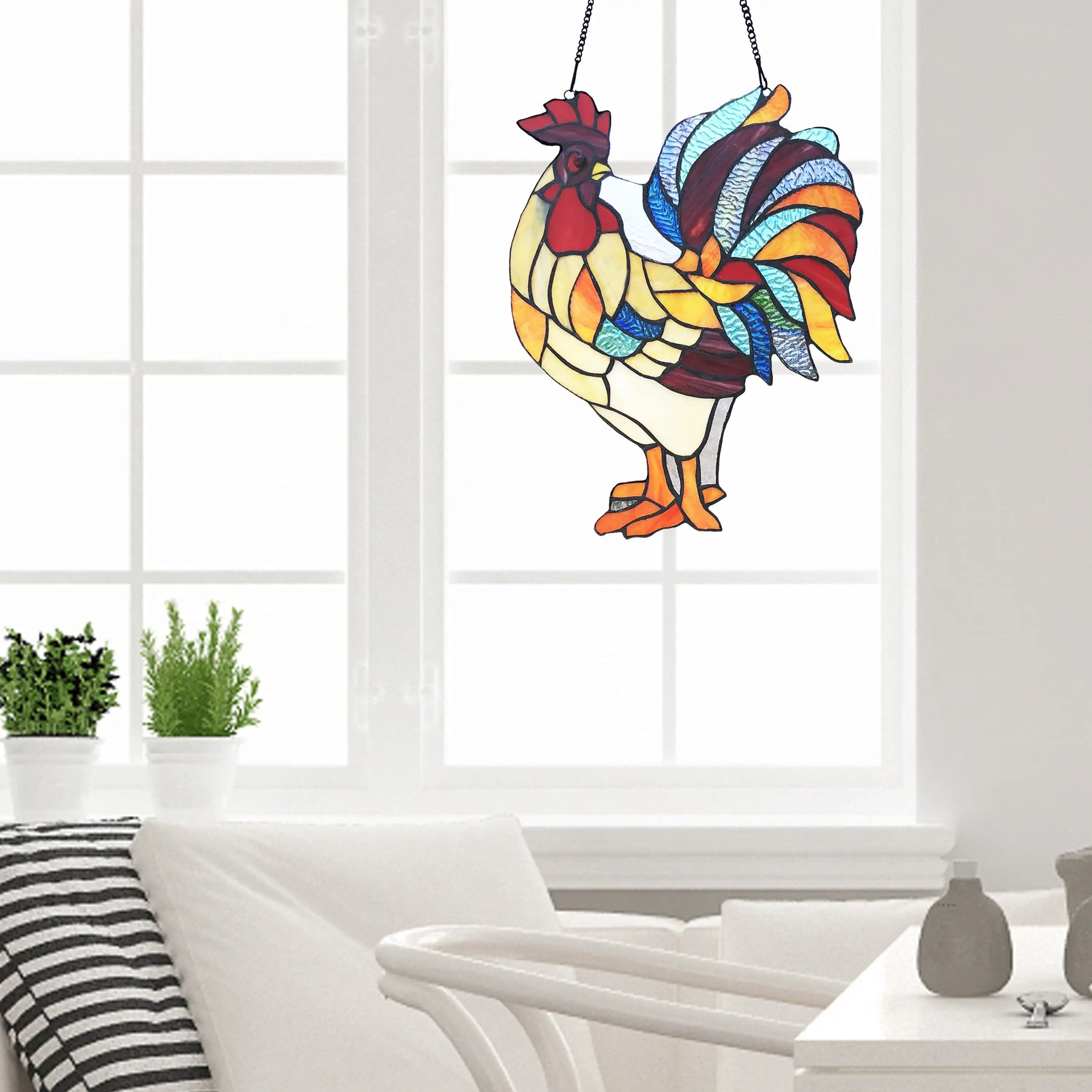 Rooster Tiffany Style Colorful Chicken Stained Glass Lamp or Hanging Panel