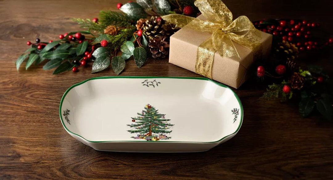 ROYAL WORCESTER-SPODE/PORTMEIRION CHRISTMAS Christmas Tree Rectangular Scalloped Porcelain Tray Machine Washable Imported