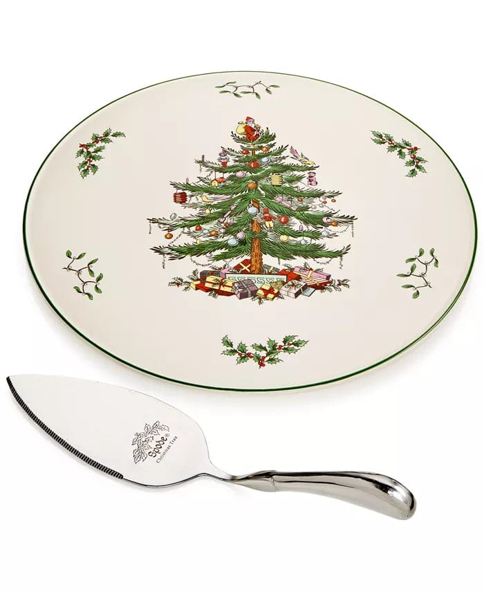 ROYAL WORCESTER-SPODE/PORTMEIRION CHRISTMAS Spode Christmas Tree Porcelain Cake Plate with Stainless Steel Metal Server