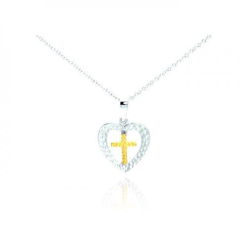 Silver Palace Fine Fashion Jewelry-Necklace Gold Plated Cross in Hammered Sterling Silver Heart, Beautifully Simple and Elegant