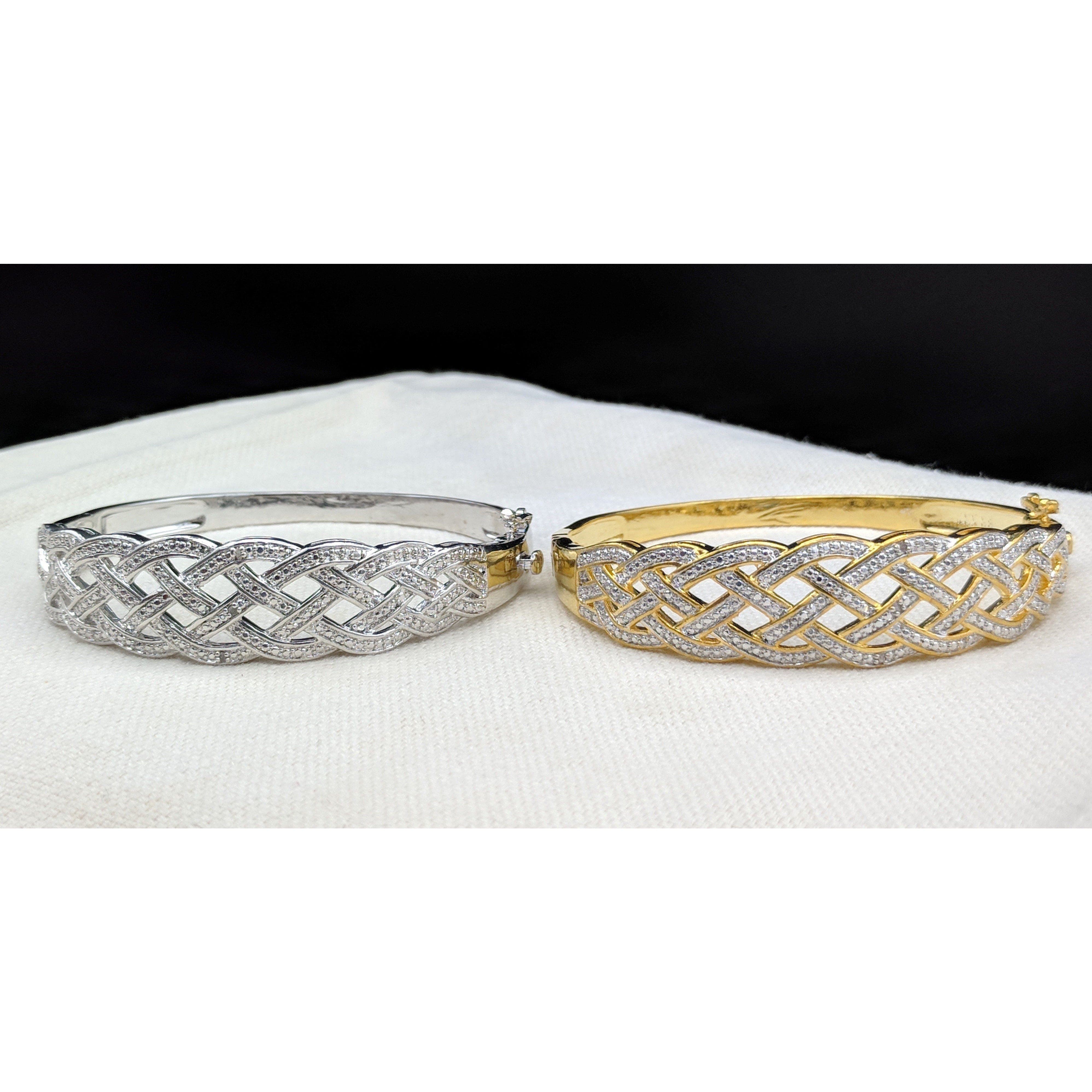 SJ Fashion Bracelets PAIR, choose colors Natural Diamond Basket Weave Gold Plated Bangle Bracelet with REAL Diamonds!  Very Affordable!