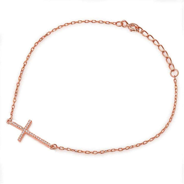 Sonara Fine Fashion Jewelry Bracelet Single Rose Sterling Silver Cross Bracelets with CZ, Rhodium, Rose or Yellow Gold Plated One or Two Strands 7"