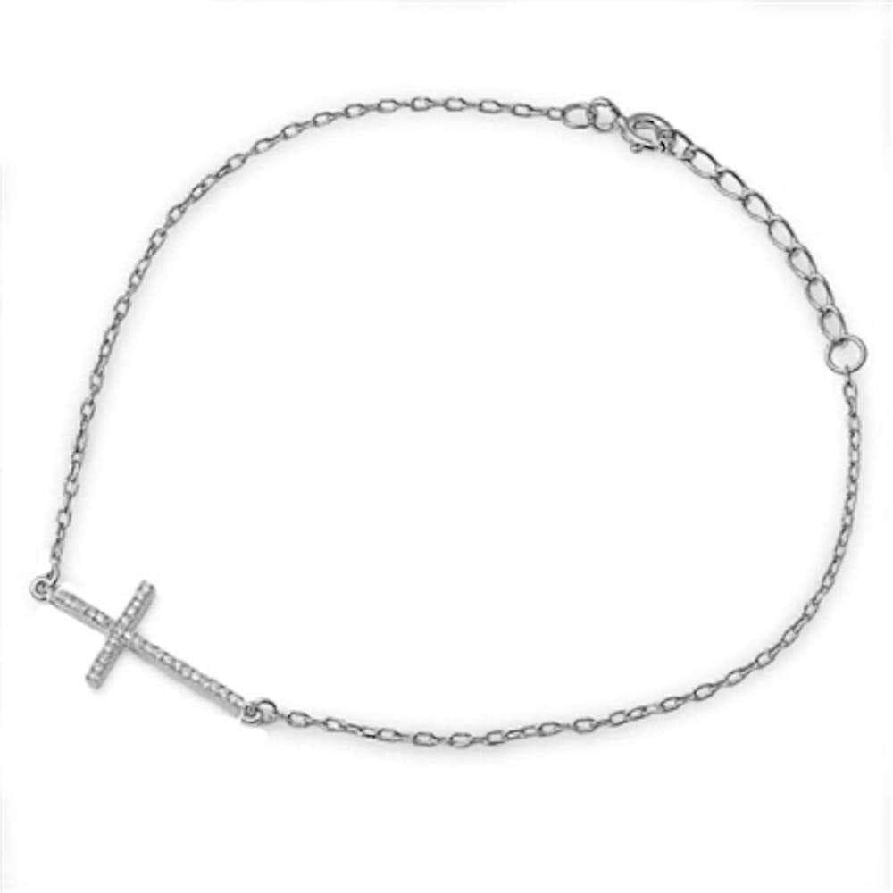 Sonara Fine Fashion Jewelry Bracelet Single Silver Sterling Silver Cross Bracelets with CZ, Rhodium, Rose or Yellow Gold Plated One or Two Strands 7"