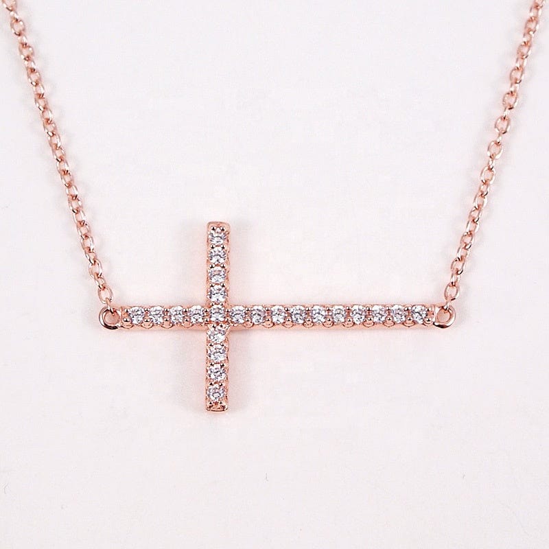 Sonara Fine Fashion Jewelry-Necklace Rose Sideways Cross Necklace with CZ Sterling Silver White, Yellow or Rose Gold Plated