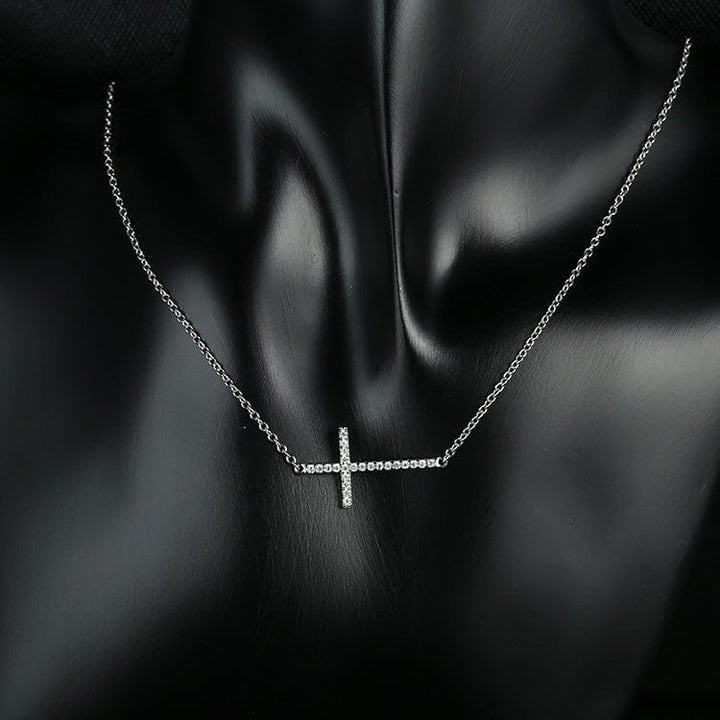 Sonara Fine Fashion Jewelry-Necklace Sideways Cross Necklace with CZ Sterling Silver White, Yellow or Rose Gold Plated